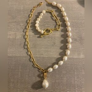 Yellow Gold Plated Paper Clip & White Pearls Necklace & Bracelet Set 16”-19”